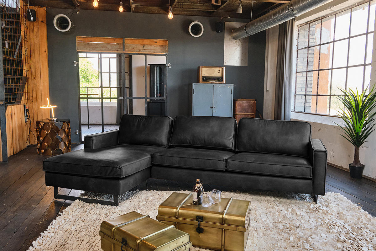ECKSOFA VILNIUS Schwarz Lederfaserstoff - Schwarz, Leder/Metall (286/170cm) - KAWOLA