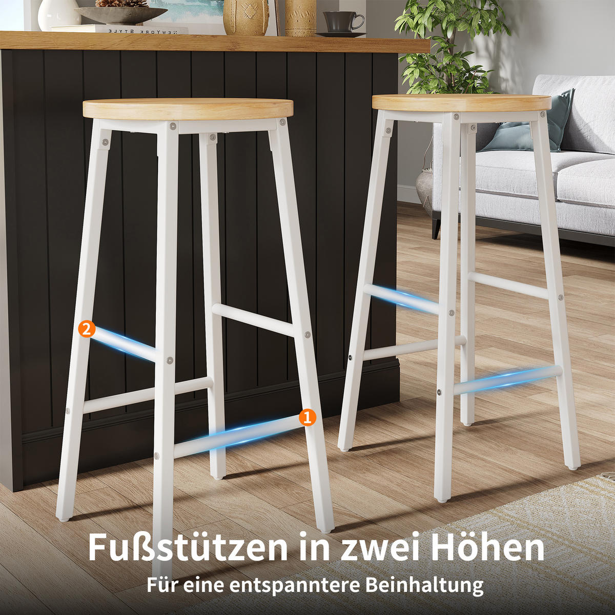 BARHOCKER 2er Set 63cm Holzoptik Sitz Weiß Metall - Weiß, Metall (30/63/30cm) - FLIEKS