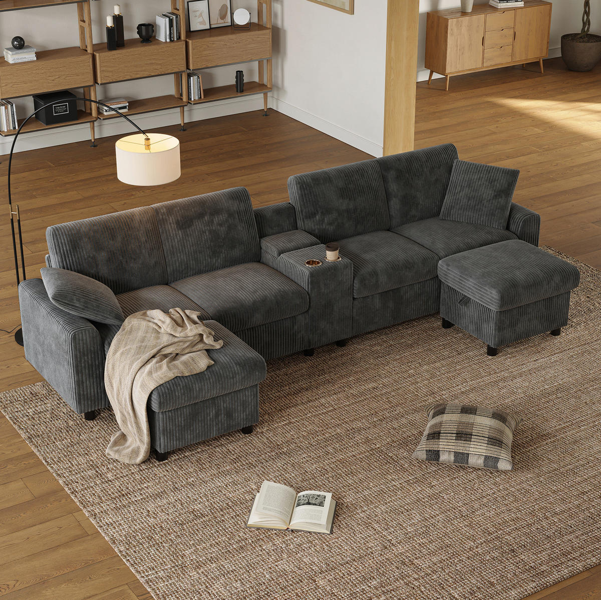 WOHNLANDSCHAFT 315/135/81 cm in Grau aus Cord mit Stauraum und USB- und Type-C-Anschlüssen - Grau, Textil (135/81/315cm) - Flora Grace