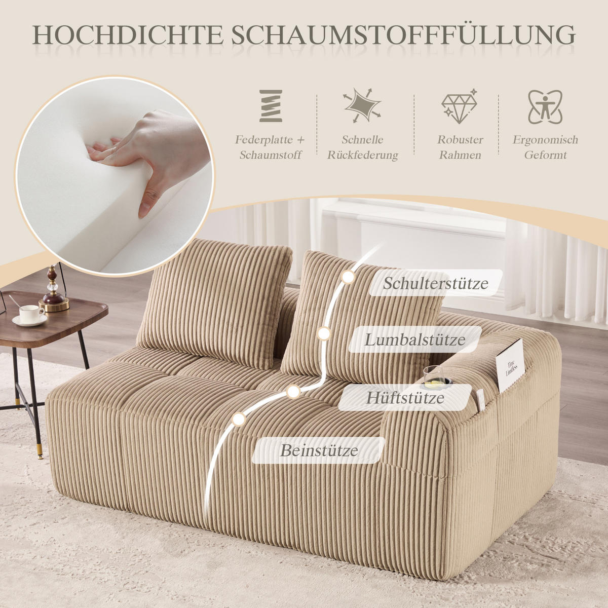 SOFA 2-Sitzer mit Seitenfächern 158 x 93 x 61 cm Cord Khaki - Braun, Kunststoff (158/61/93cm) - Meubliv