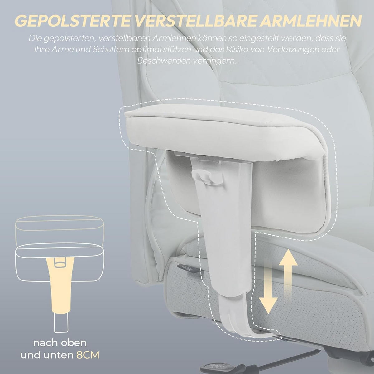 GAMING-STUHL & gefederten Sitzkissen Lendenwirbelstütze und Fußstützen - Weiß, Leder (76/121/60cm)
