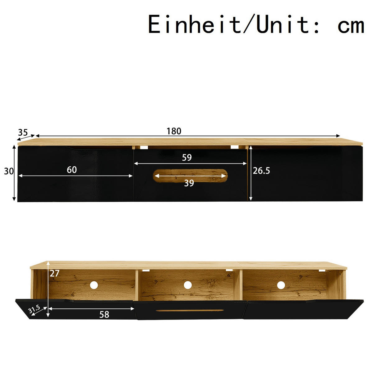 LOWBOARD 180/35/30 cm Schwarz/Holzfarben aus MDF und Spanplatte wandmontierbar - Schwarz, Holzwerkstoff (35/30/180cm) - OKMYHOME