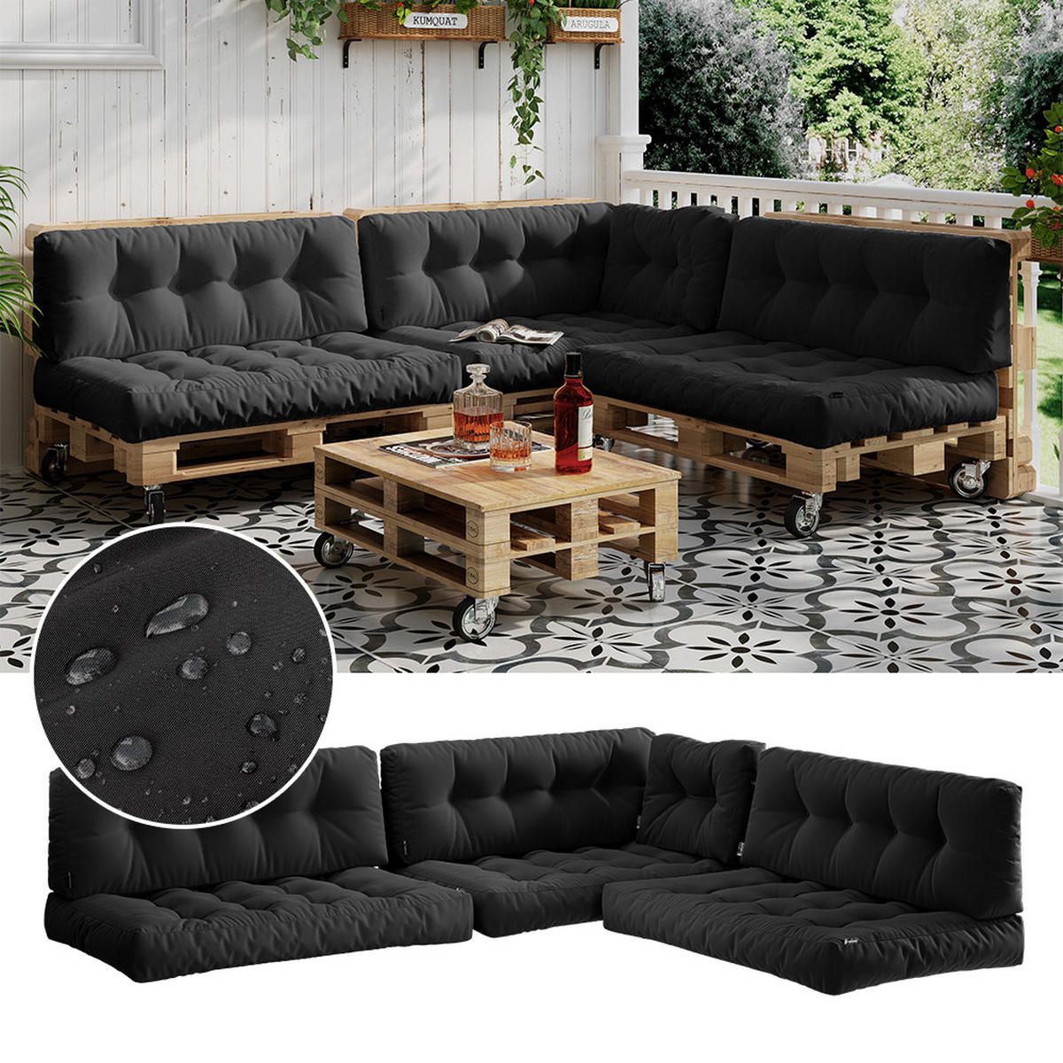 PALETTENKISSEN SET Ohio Anthrazit 7 Teile, wasserabweisend - Anthrazit, Textil (120/15/80cm) - Vicco