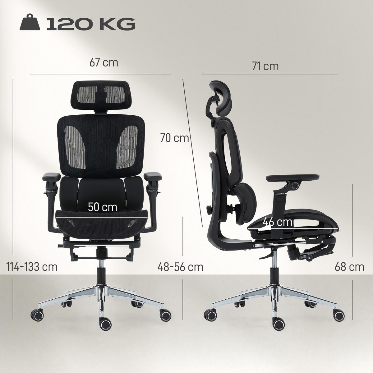 KANCELÁŘSKÁ ŽIDLE Ergonomická kancelářská židle s nastavitelnou bederní opěrkou a opěrkou hlavy - černá, kov/textil (67/133/71cm) - HOMCOM
