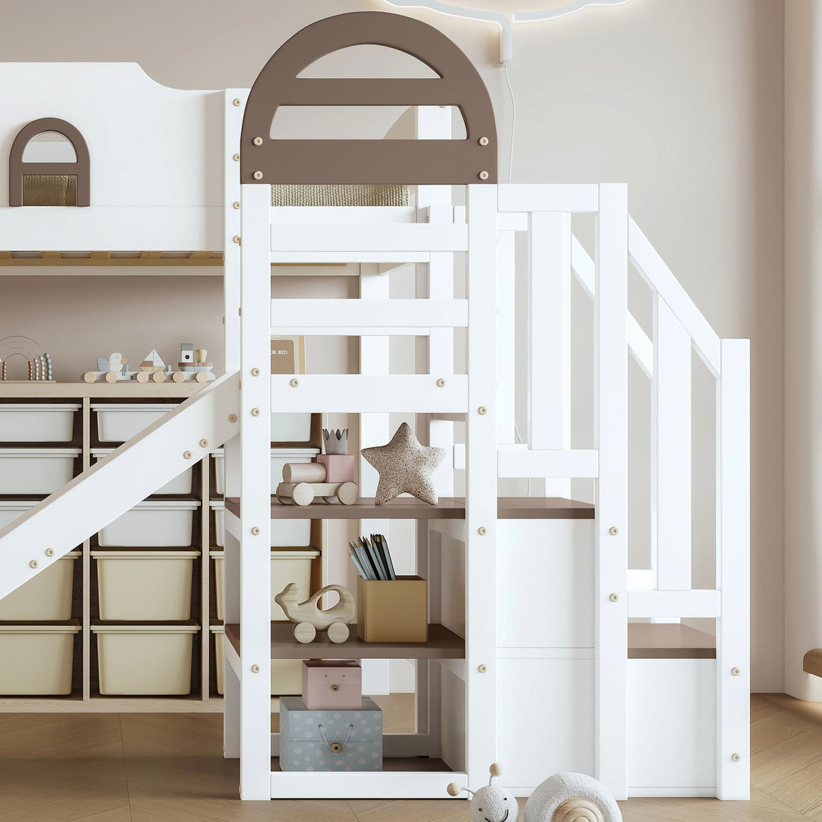 ETAGENBETT 90/200 cm Weiß mit Rutsche und Stauraum aus Kiefer und MDF - Weiß, Holzwerkstoff (90/200cm) - OKWISH