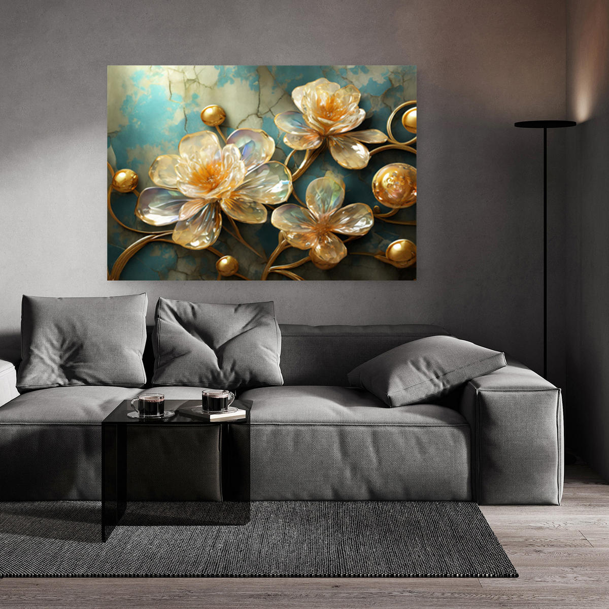 WANDBILD glas blumen abstrakt - Goldfarben, Textil (60/40cm) - Feeby