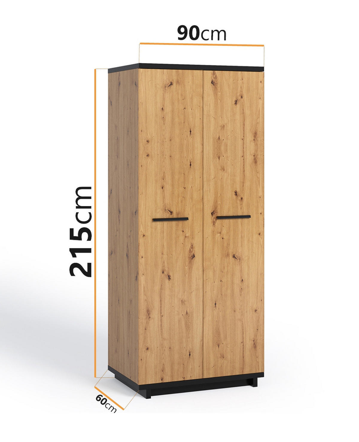 KLEIDERSCHRANK Zonda 90/215/60 2-türig - Schwarz/Eiche Artisan, Holzwerkstoff/Kunststoff (90/215/60cm) - Ravio