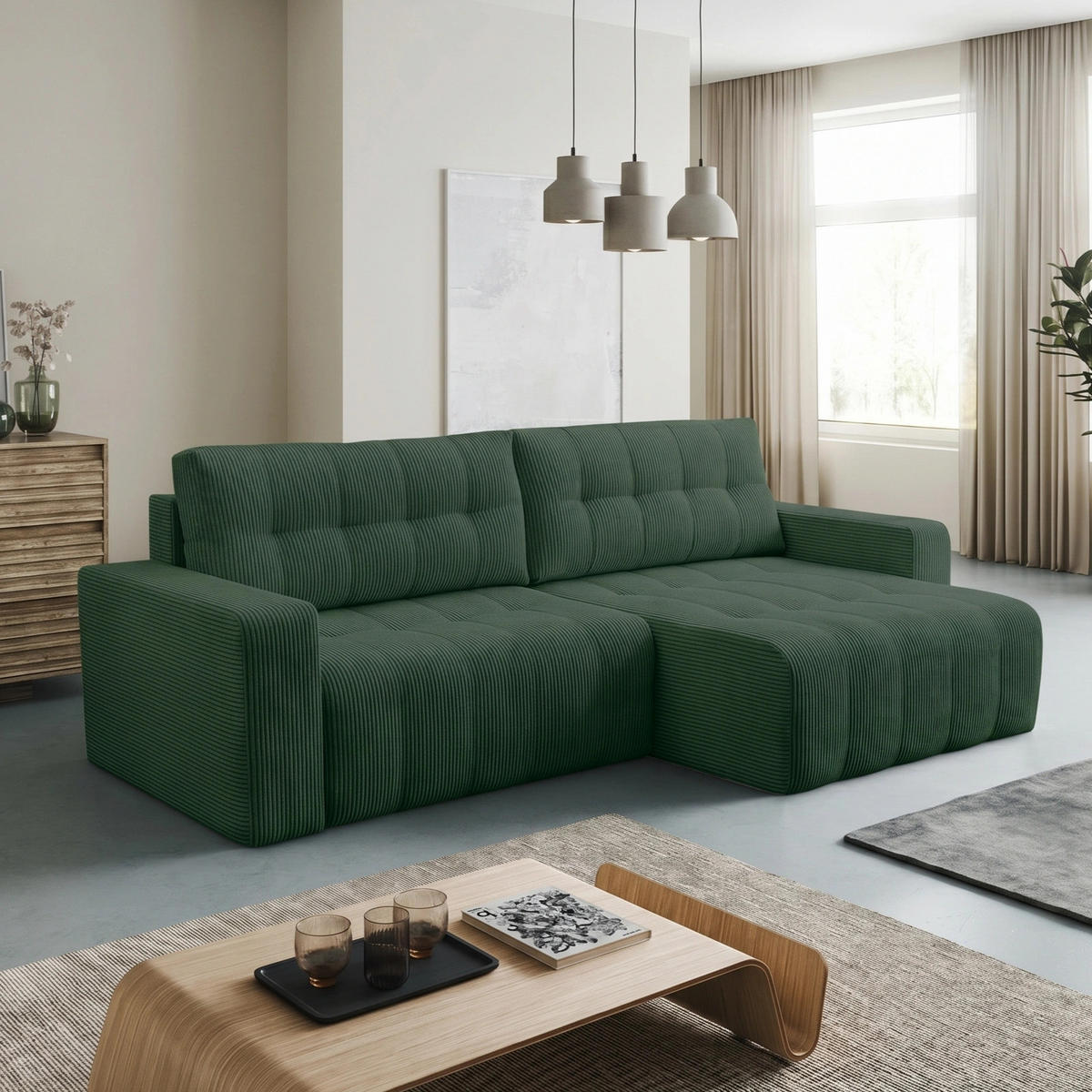 ECKSOFA Palermo mit Schlaffunktion und Bettkasten in Cordstoff - Dunkelgrün/Grün, Holz/Holzwerkstoff (245/143cm) - Ravio