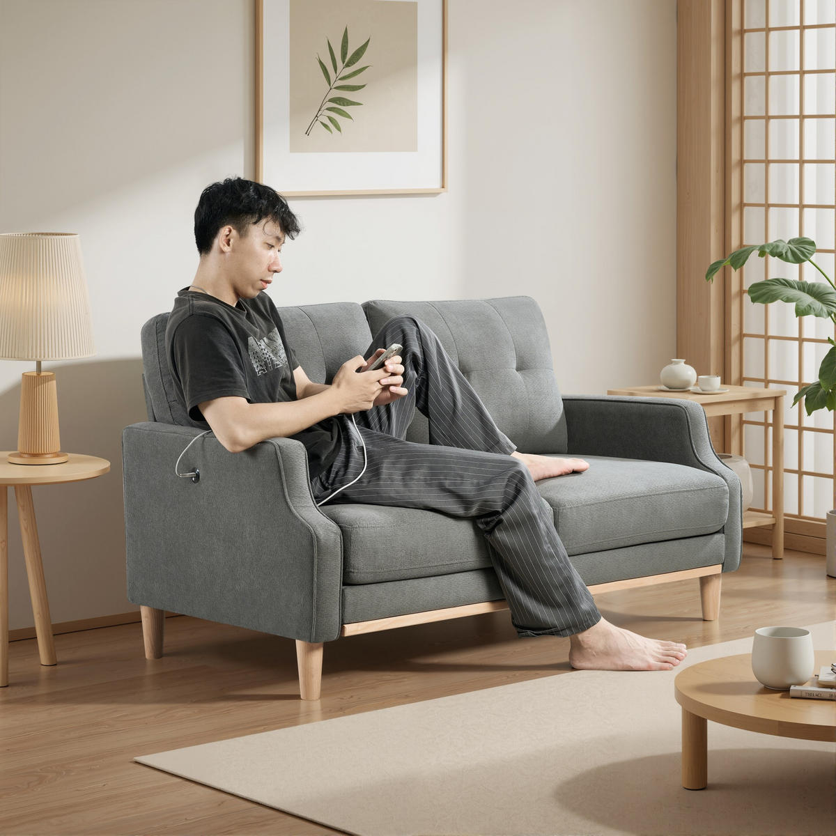 SOFA 2-Sitzer mit USB-Anschluss Stoff Dark Gray - Dunkelgrau, Holzwerkstoff (135/85/72cm) - Meubliv