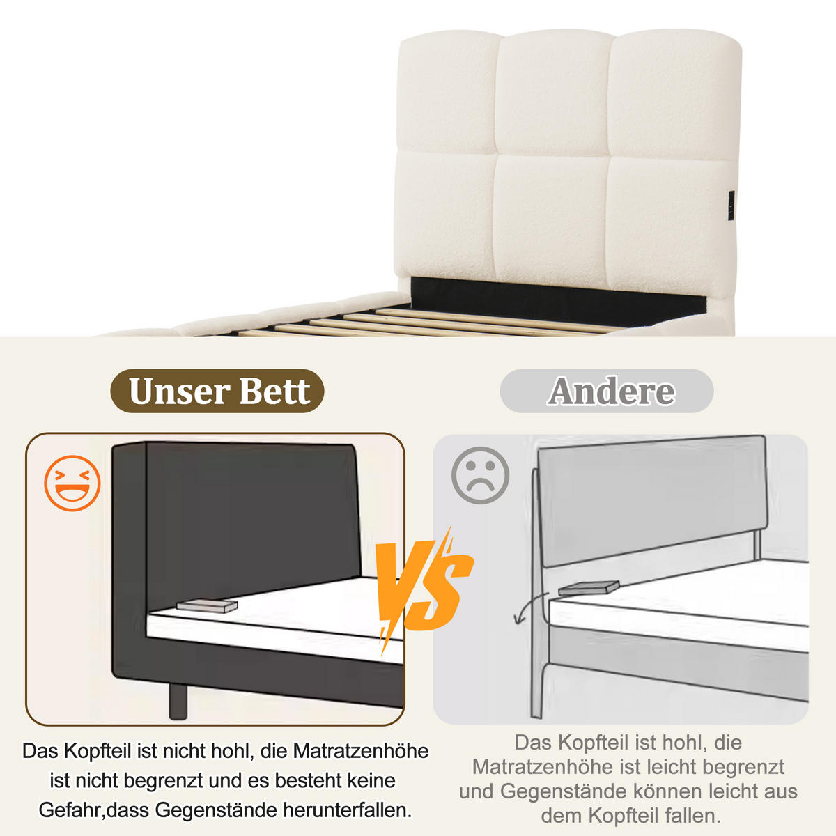 POLSTERBETT 90/200 cm in Beige Bouclé mit Stauraum und USB-C - Beige, Holzwerkstoff/Textil (90/200cm) - WISHDOR