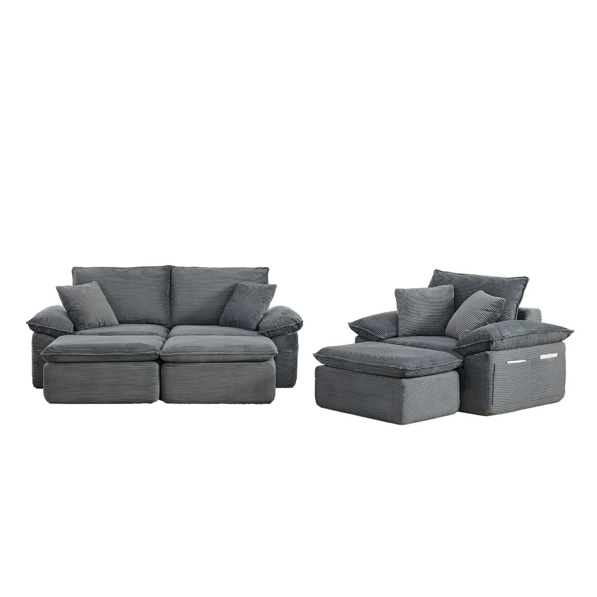 SITZGARNITUR DE-35051 3-Sitzer mit Taschen Hellgrau - Hellgrau, Textil (206/65/156cm) - ComfortXL