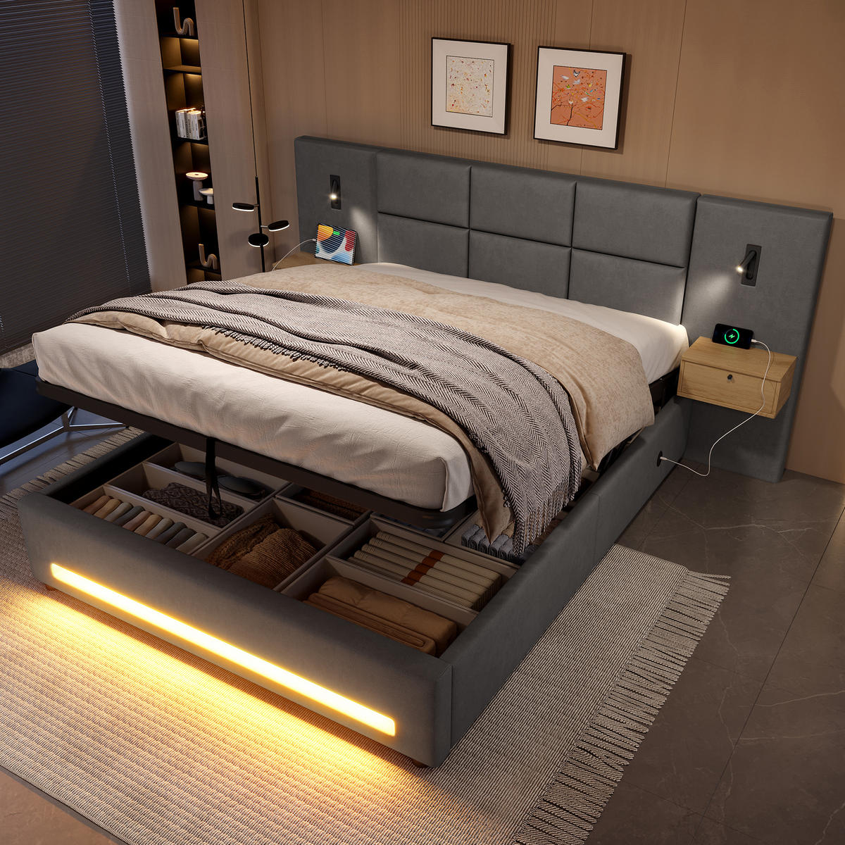 POLSTERBETT 180/200 cm in Dunkelgrau Samt mit Bettkasten, LED und USB-C - Dunkelgrau, Holzwerkstoff/Textil (180/200cm) - WISHDOR