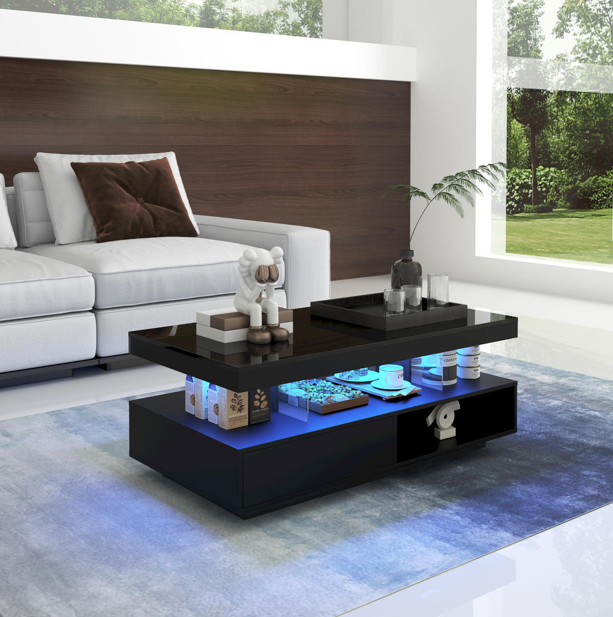 COUCHTISCH Schwarz Hochglanz mit 4 Glaseinsätzen, 2 Schubladen & LED per App, 95/50/42,5 cm,Schwarz - Schwarz, Holzwerkstoff (50/95/42.5cm) - Redom