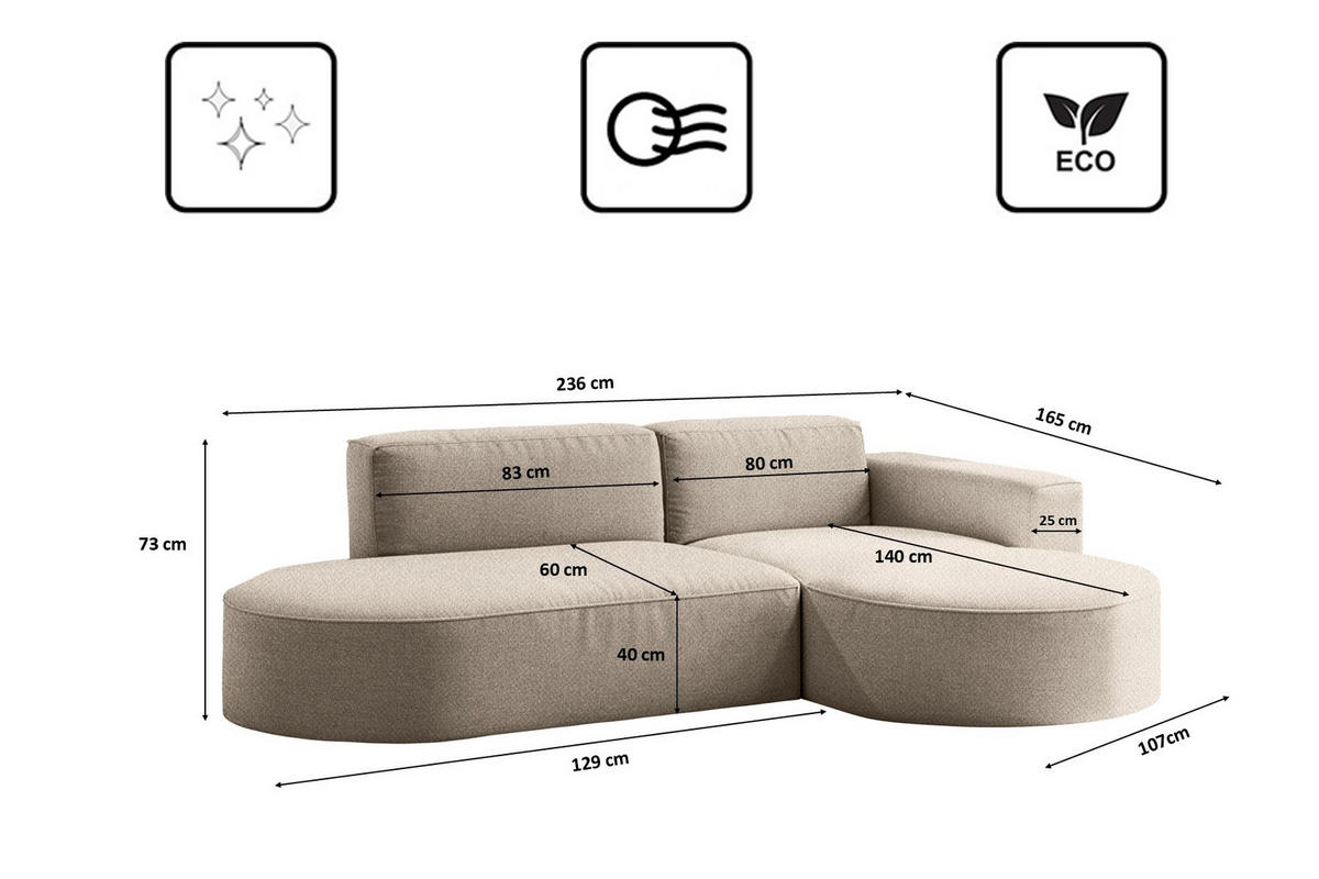 ECKSOFA Modena Studio Falten, Stoff Alpine, Toffee Rechts - Sandfarben, Holz (236/165cm) - Kaiser Möbel