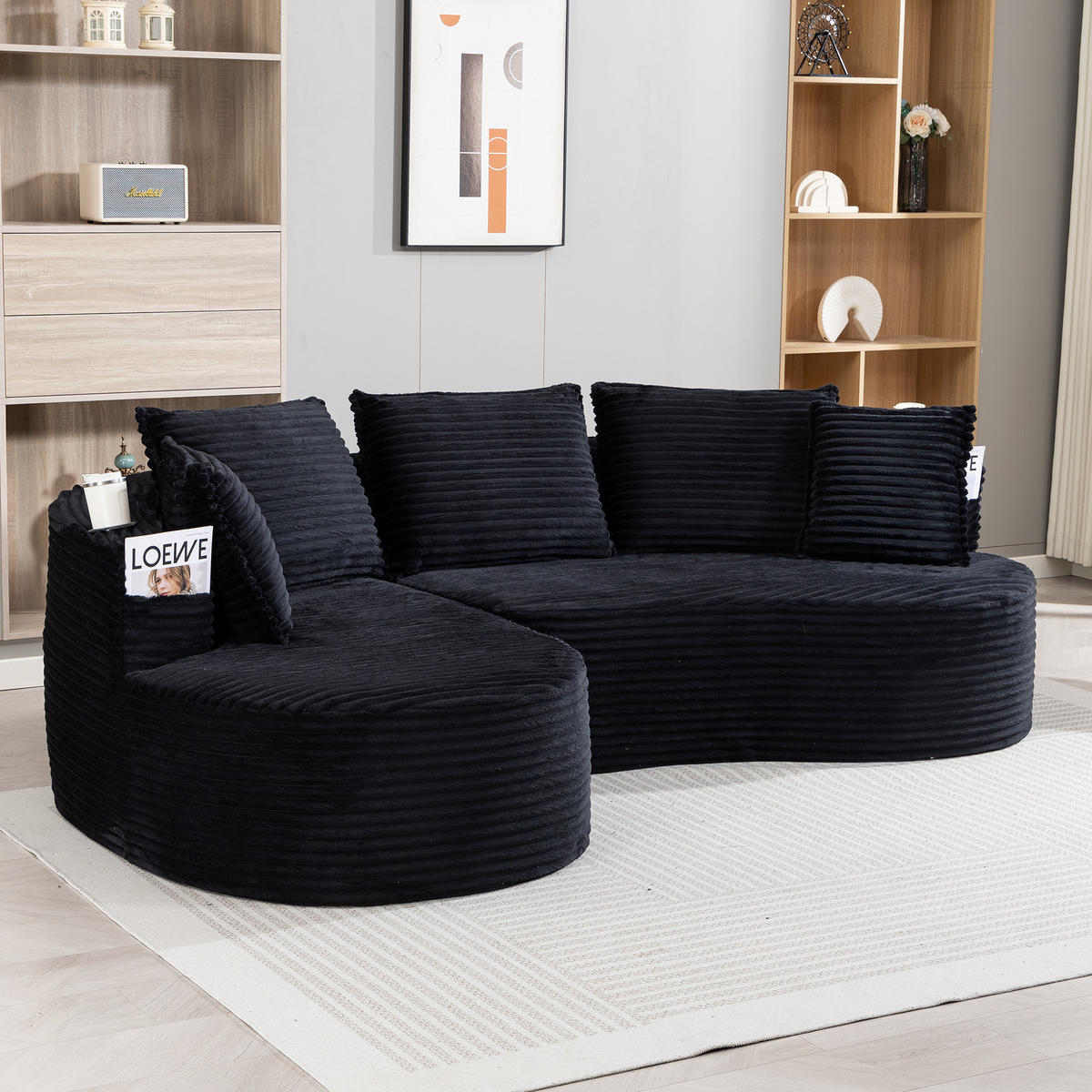 ECKSOFA Cord Schwarz mit Getränkehaltern, Seitentaschen und Kissen - Schwarz, Textil (250/152cm) - WISHDOR