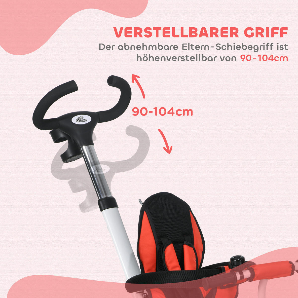 6 in 1 Dreirad mit Schubstange, Kinderdreirad mit Sicherheitsgurt, Sonnendach - Rot, Metall (112/50/104cm) - HOMCOM