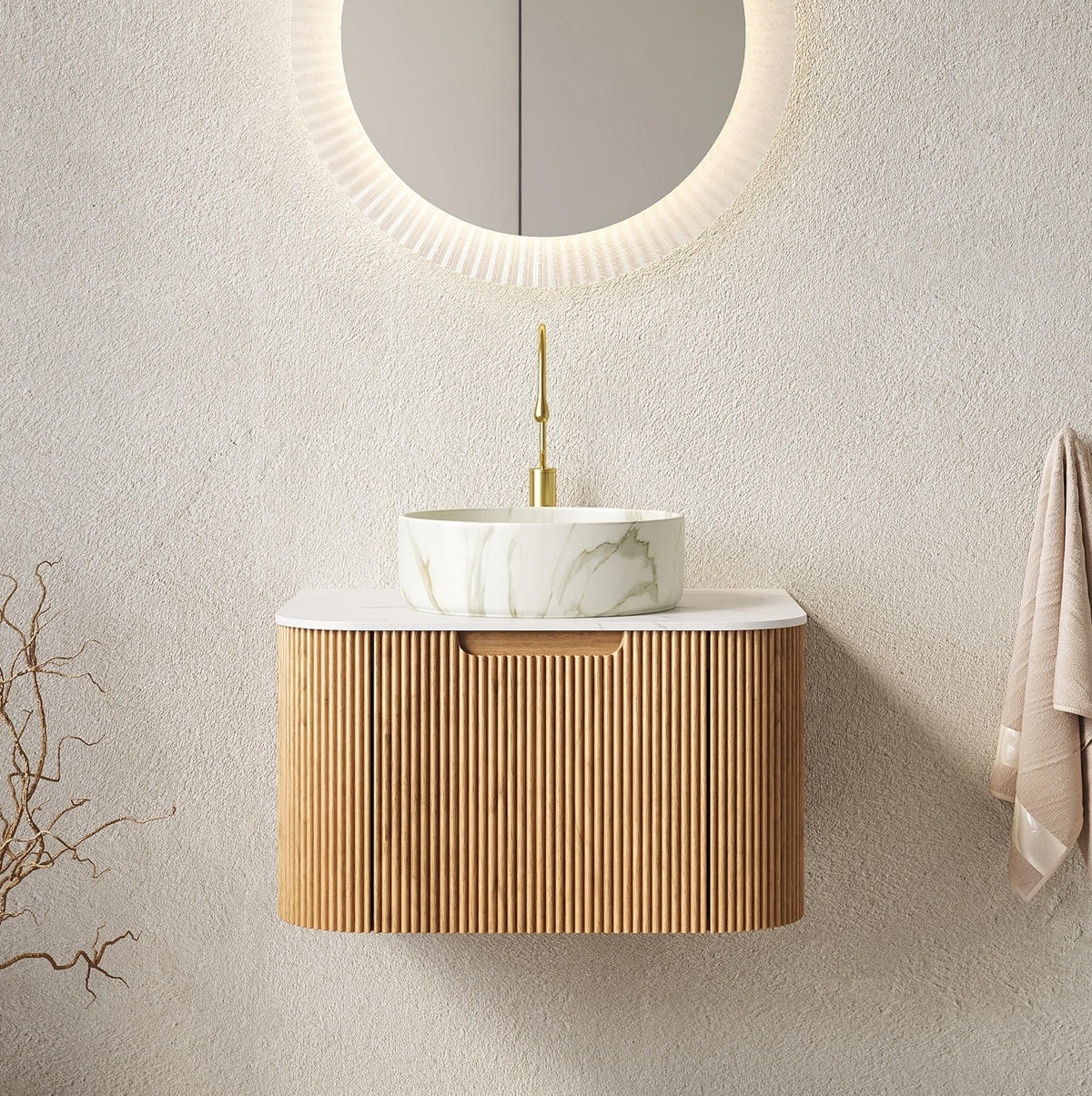 WASCHTISCHKOMBI 61x48x49.1 cm Naturholz & Weiß aus Keramik & Sintered Stone mit 3D-Streifen - Naturfarben, Stein (48/49.1/61cm) - Modfu
