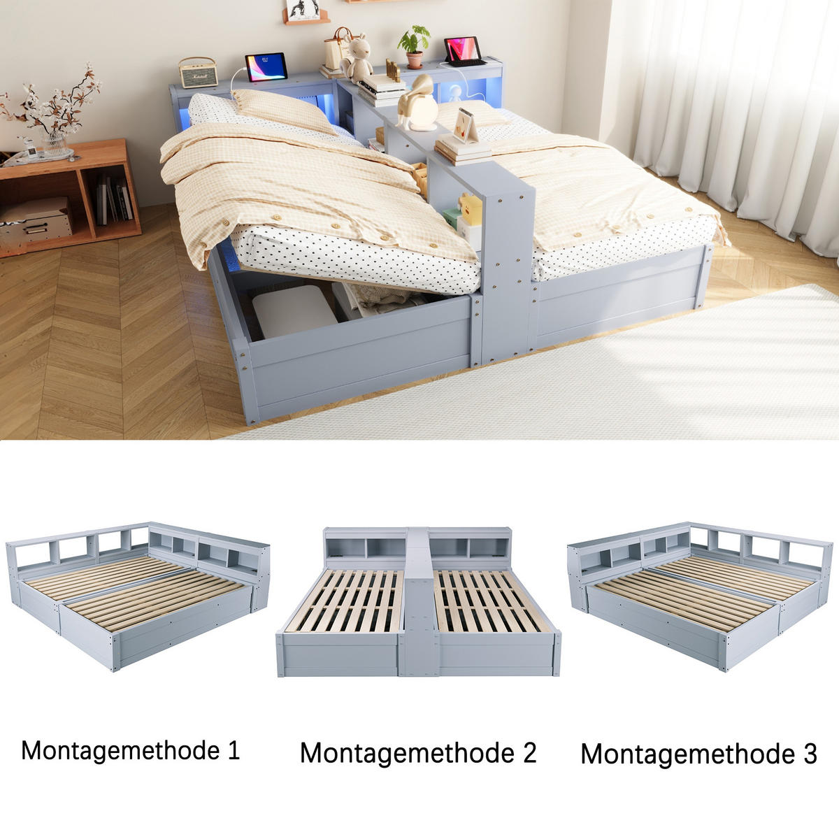 SCHLAFSOFA 90x200cm LED Stauraum Steckdose Holzbett Grau - Grau, Holzwerkstoff (180/200cm) - FLIEKS