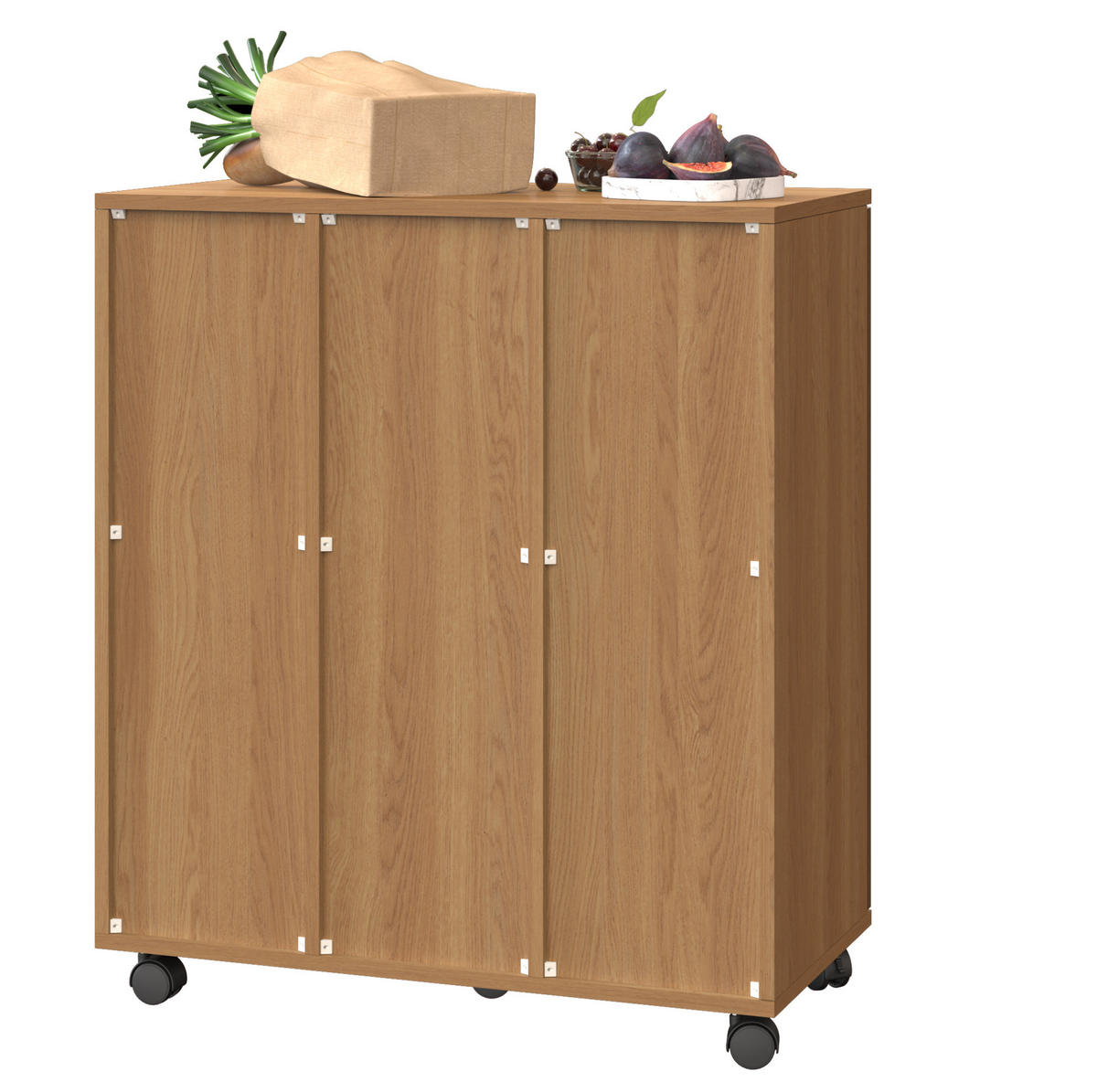 SKŘÍŇKA na třídění odpadu z MDF 69,3x35x80,3 cm přírodní na kolečkách se 3 přihrádkami a dvířky 180° - přírodní, kompozitní dřevo (70/80/35cm) - Modfu