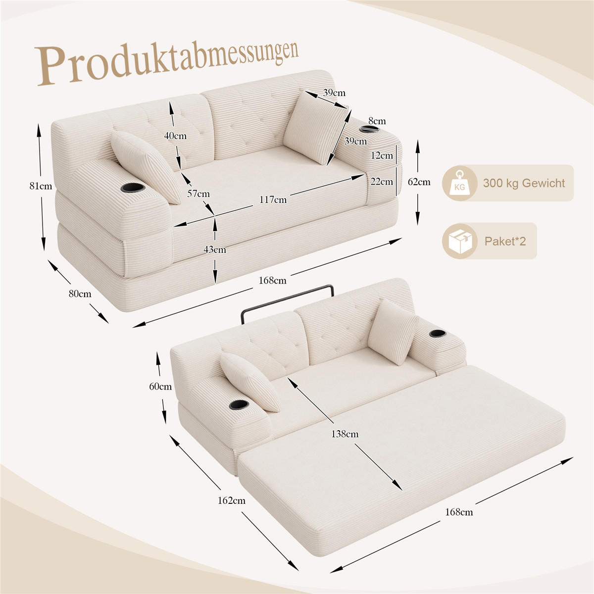 SCHLAFSOFA 2-Sitzer Cord Lounge mit Taschen & Getränkehaltern, Beige - Beige, Textil (168/81/80cm) - Kaket