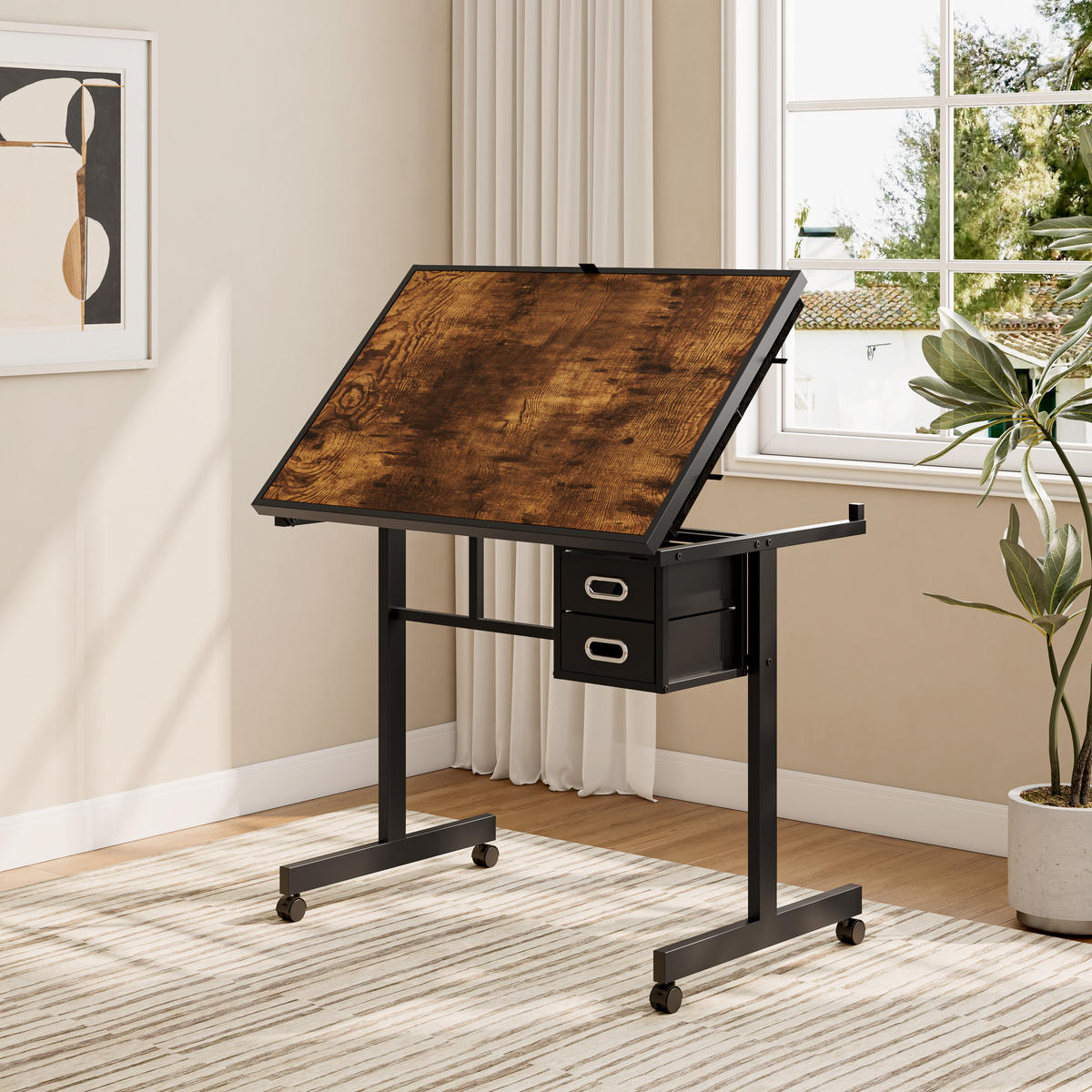 ARBEITSTISCH Schwarz 90/60/80 cm mit 6 Schubladen Rollen und Abdeckung - Schwarz, Holzwerkstoff (60/90/80cm) - PANGIVO