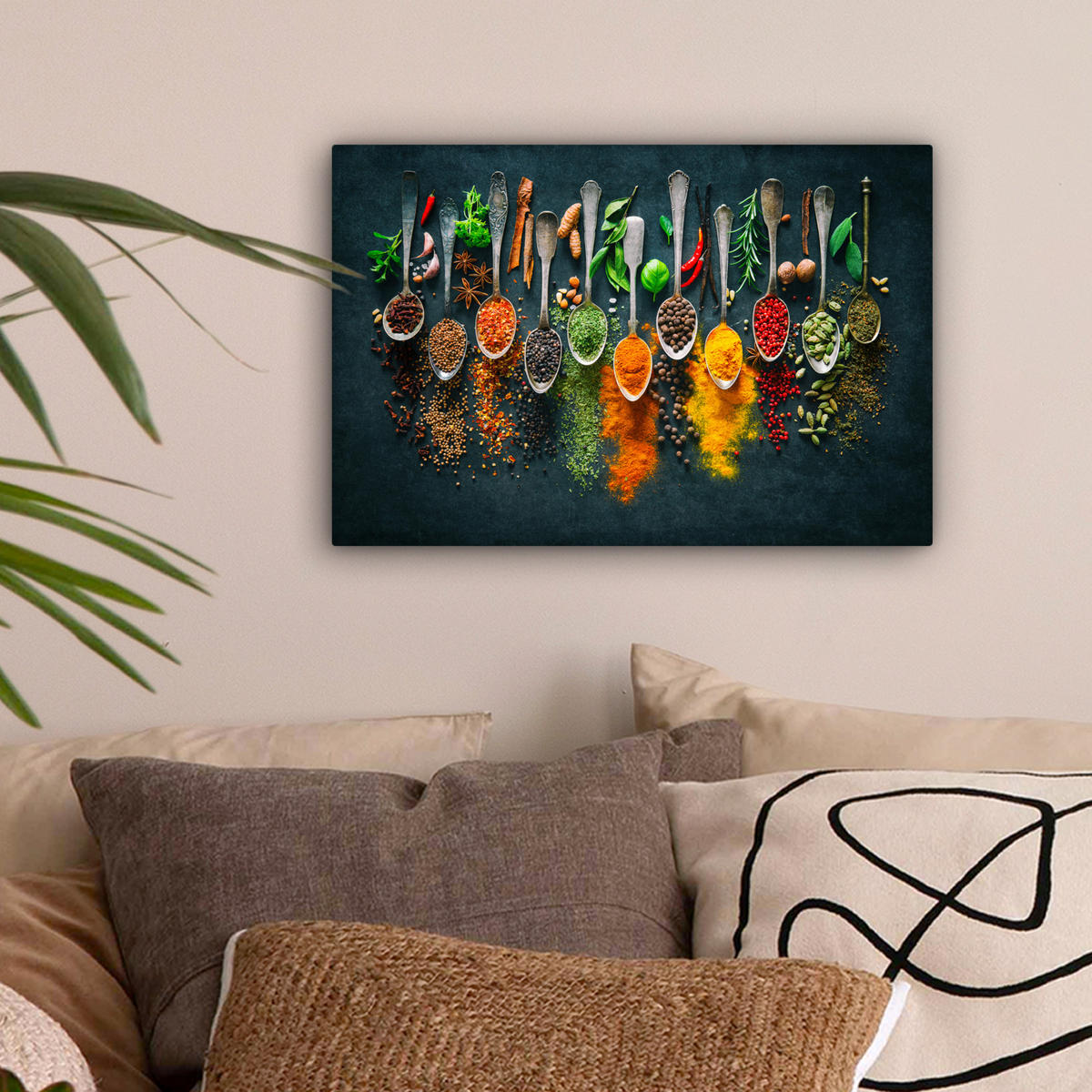 LEINWANDBILD Kräuter - Gewürze - Löffel Deko Schlafzimmer 30x20 cm - Currygelb, Textil (30/20cm) - MuchoWow