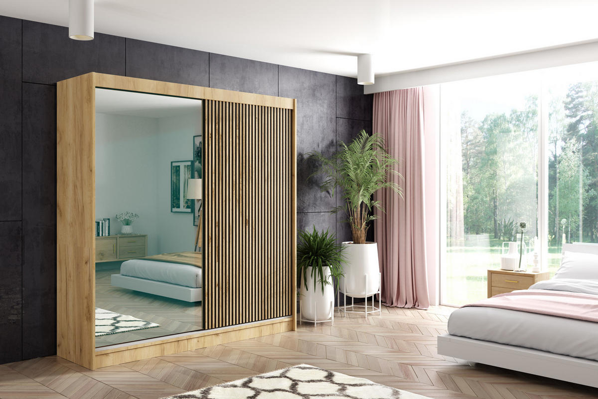 KLEIDERSCHRANK VILAN mit Spiegel - 200 cm - Eichefarben|Eiche Wotan - Eichefarben/Eiche Wotan, Holzwerkstoff (200/215/61cm) - ALTDECOR