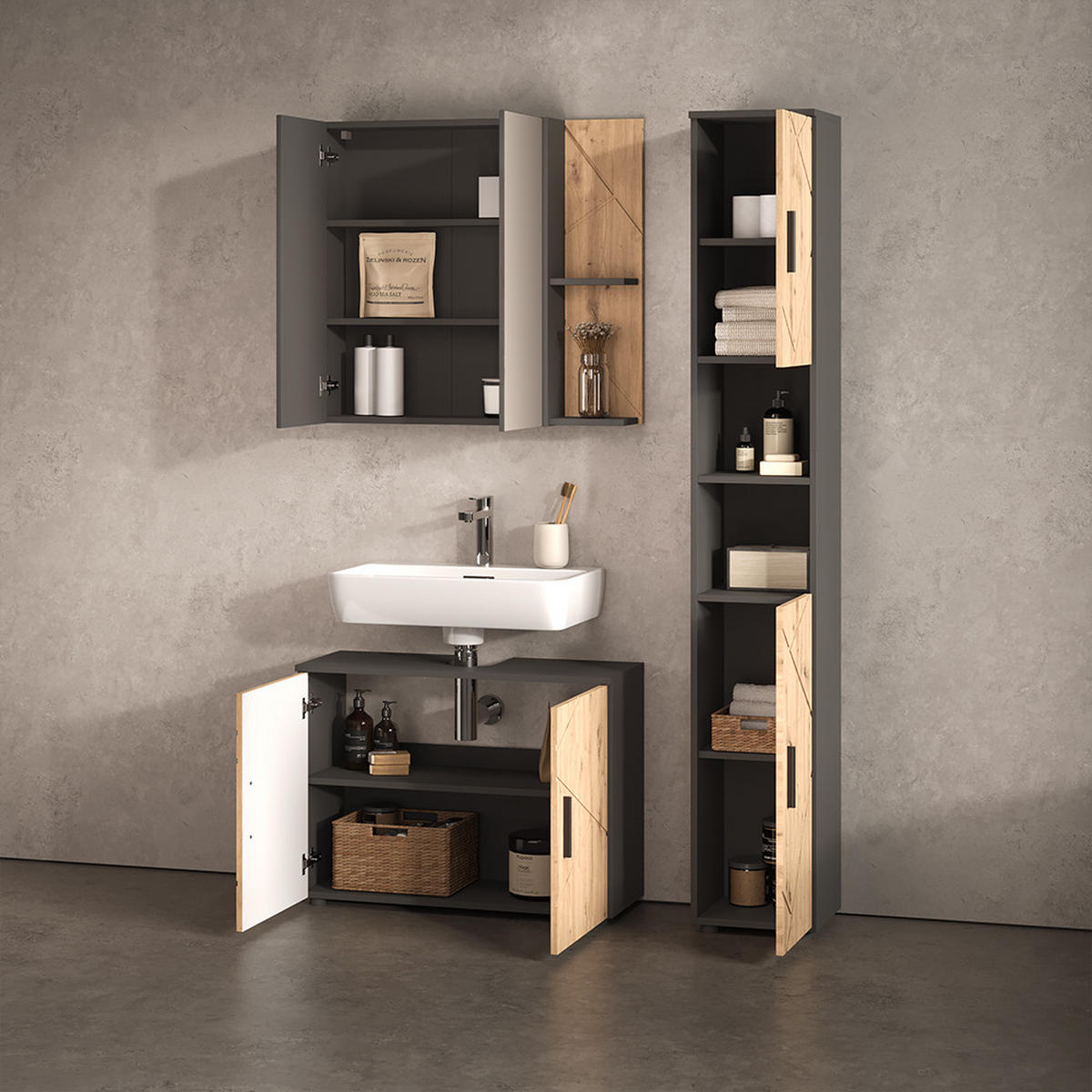 BADMÖBEL-SET Ronco, Anthrazit/Artisan-Eiche, 3-teilig - Anthrazit/Eiche Artisan, Holzwerkstoff (80/59/30cm) - Livinity®