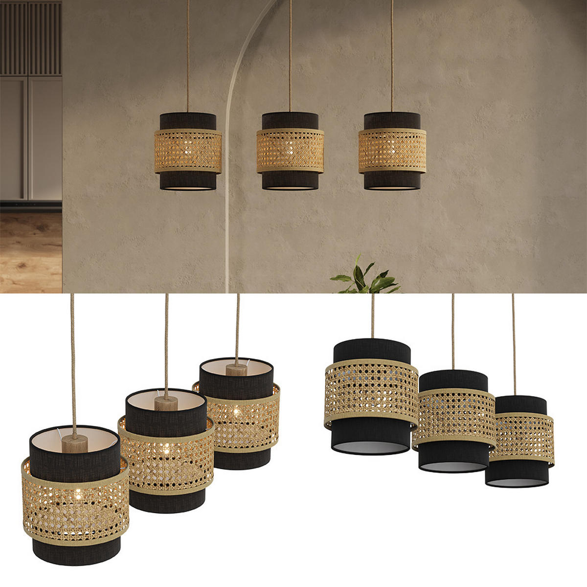 3ER PENDELLEUCHTE Morten Rattan/Schwarz 70 x 120 cm - Schwarz/Braun, Holz (70/70/120cm) - Vicco