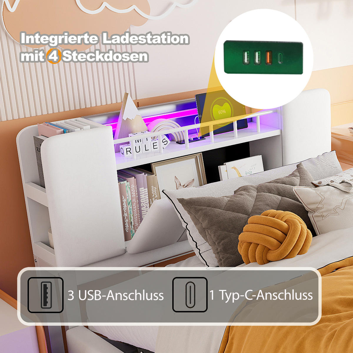 POLSTERBETT 90/200 cm Beige mit LED-Beleuchtung und Stauraum - Beige, Textil (90/200cm) - Flora Grace