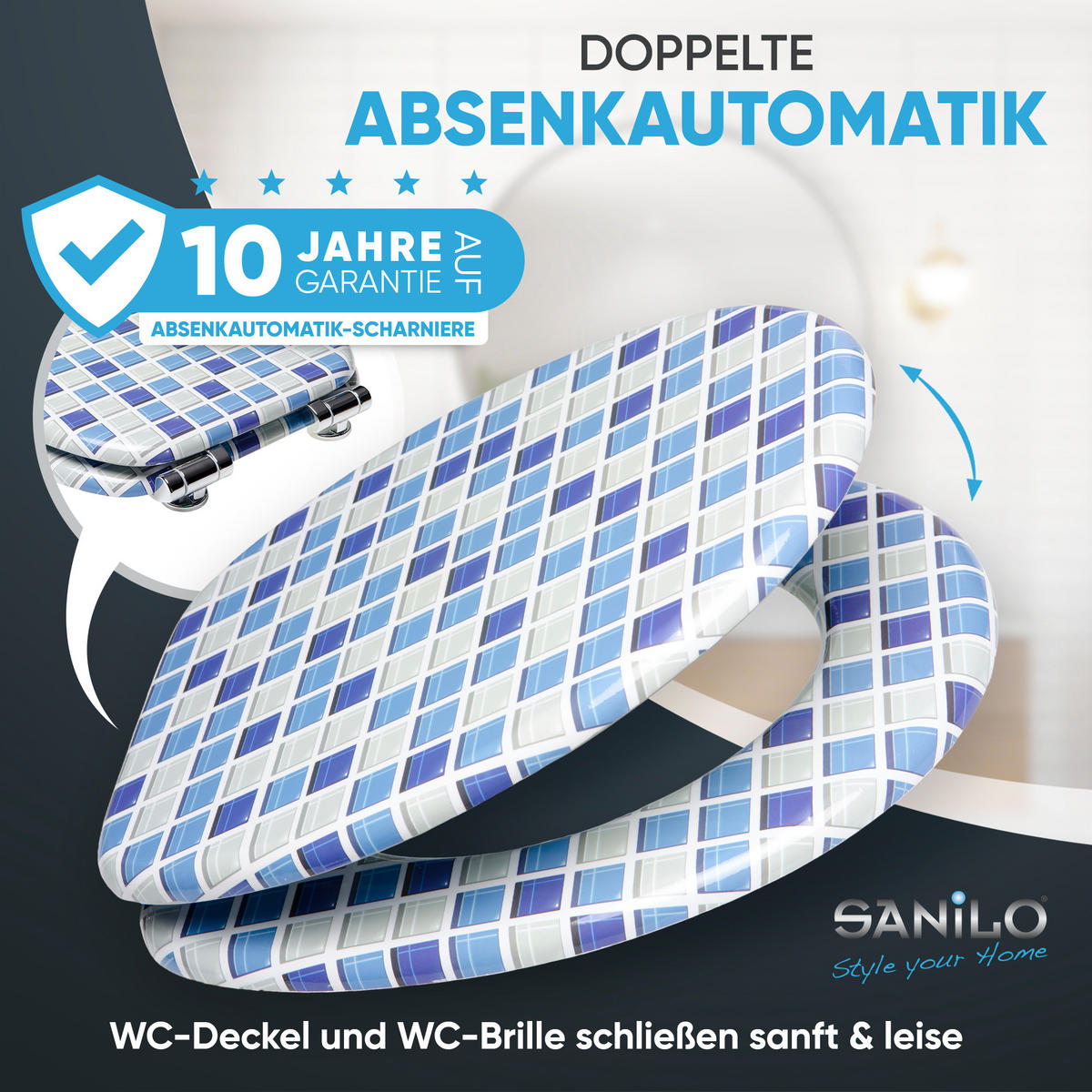 WC-SITZ mit Absenkautomatik Mosaik Blau - Blau, Holzwerkstoff (38/6/47cm) - Sanilo