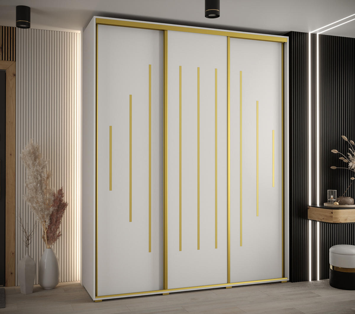 SCHWEBETÜRENSCHRANK 235,2/200/60 3-türig - Goldfarben/Weiß, Holz/Metall (200/235/60cm) - Abiks Möbel