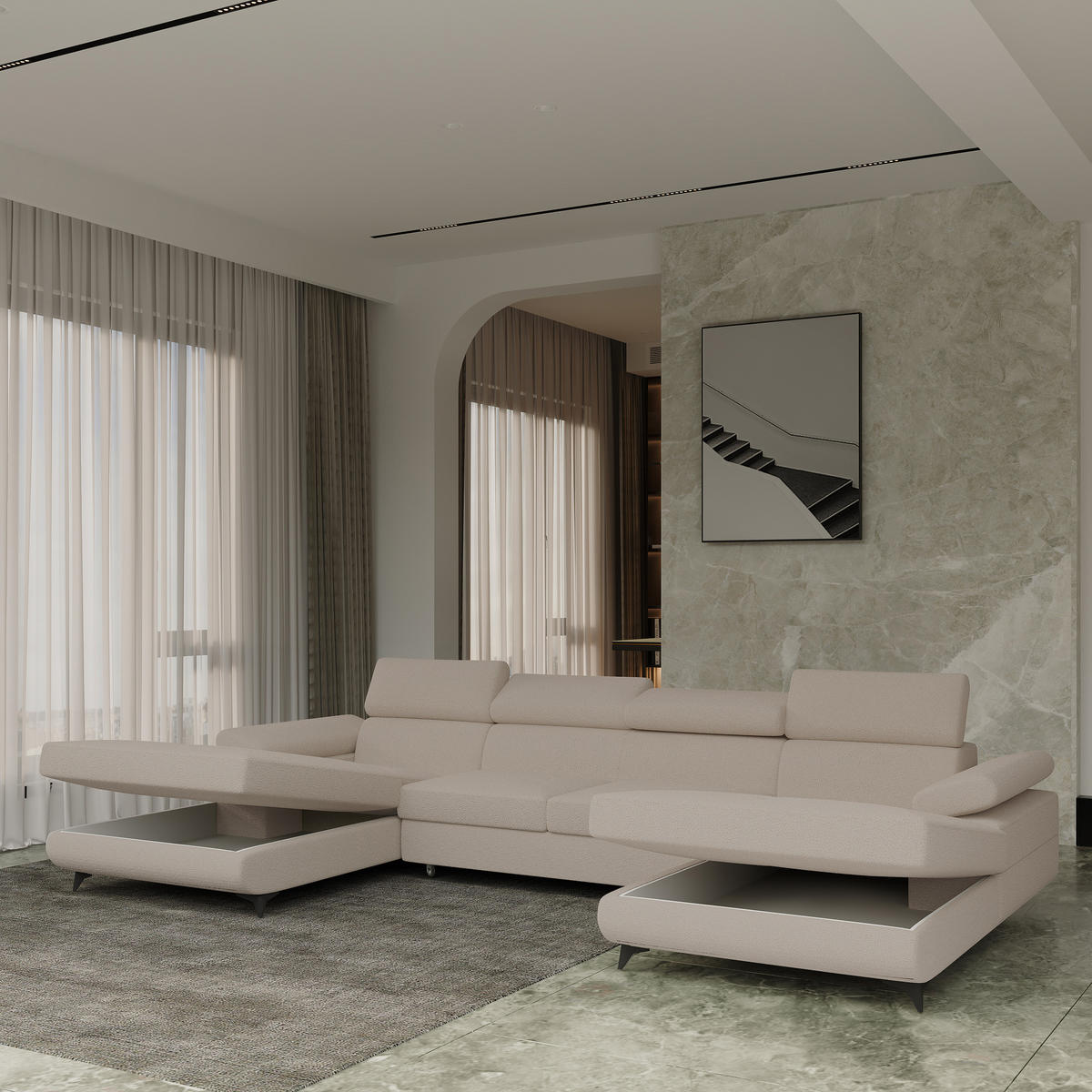 WOHNLANDSCHAFT DETTI Beige Boucle-Stoff mit Schlaffunktion - Beige, Holz (339/89/190cm) - MASSENO