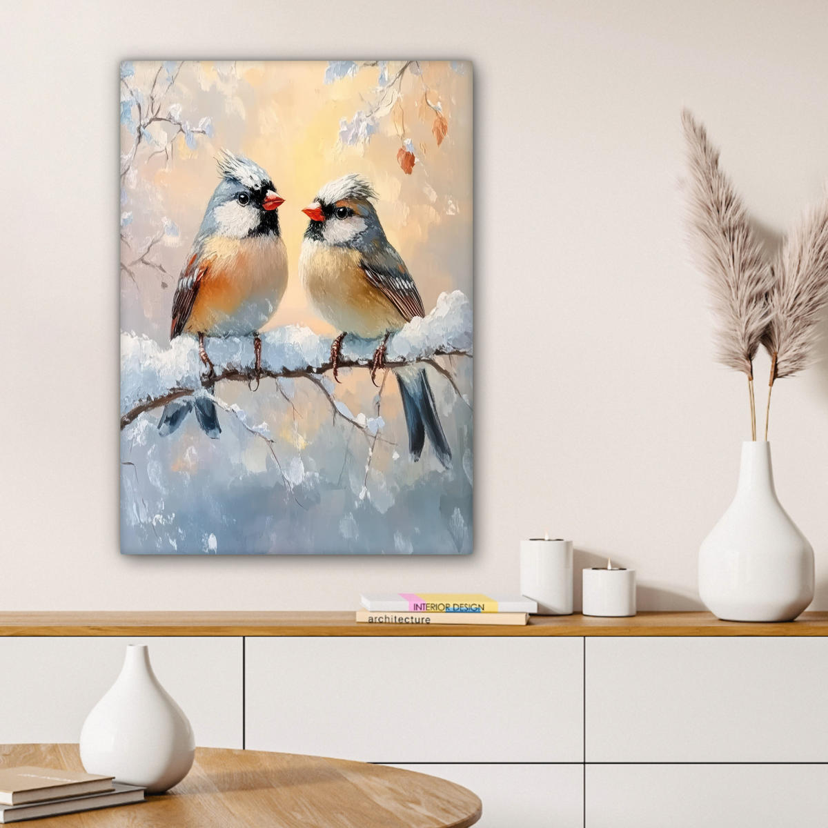LEINWANDBILD Vögel - Zweig - Winter - Schnee 60x80 cm - Pastellblau, Textil (60/80cm) - MuchoWow