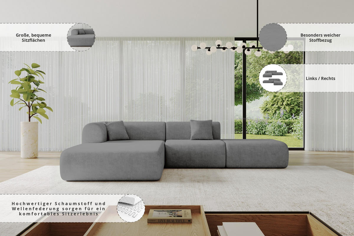 ECKSOFA Ottomane Links OVLY-L 289x176x71 Grau Samt - Taupe/Schwarz, Holzwerkstoff/Kunststoff (176/289cm) - ALTDECOR