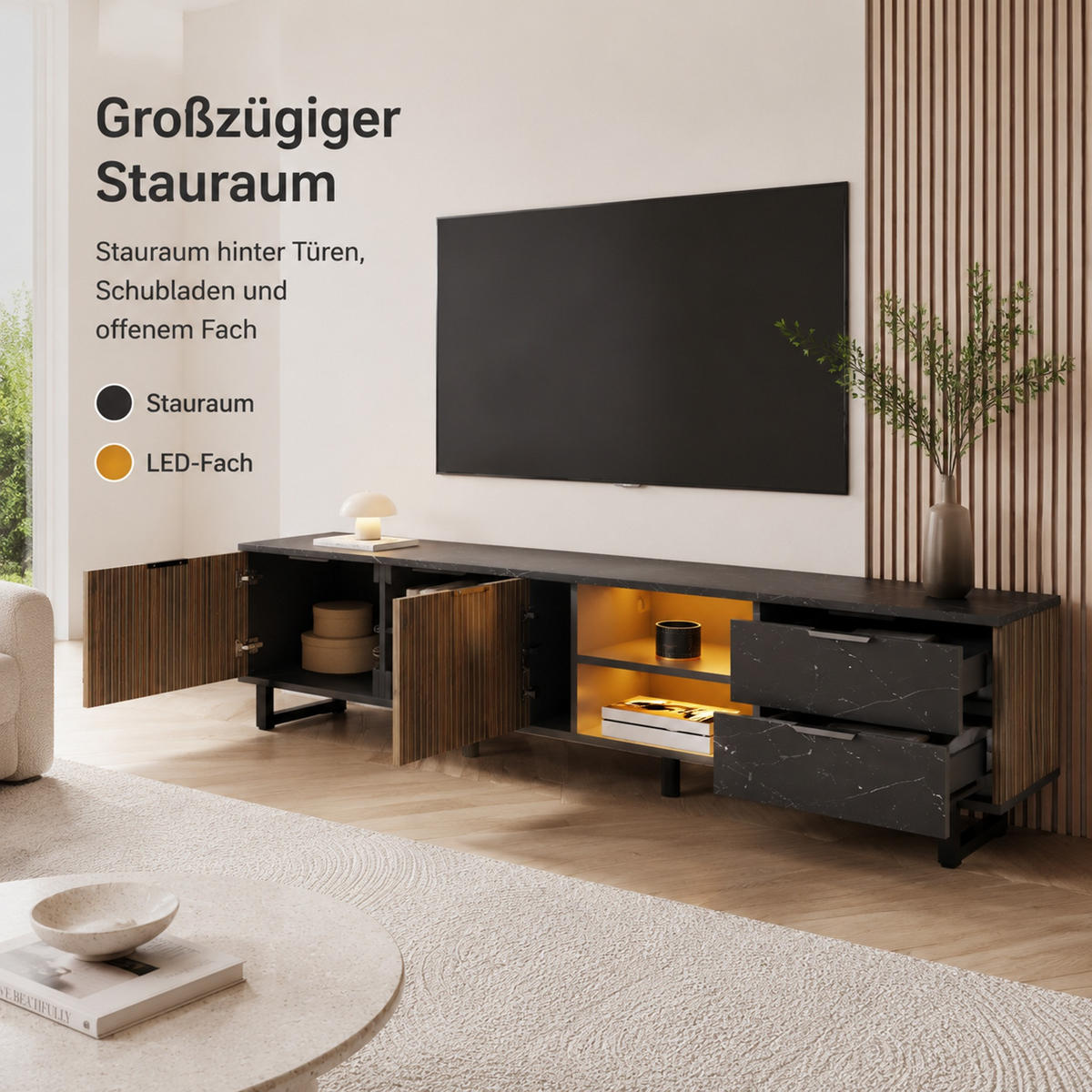 LOWBOARD 200/38/50 cm aus MDF mit LED-Beleuchtung und 15 cm Bodenfreiheit Schwarz (Marmoroptik) - Schwarz, Holzwerkstoff (200/50/38cm) - Modenvie