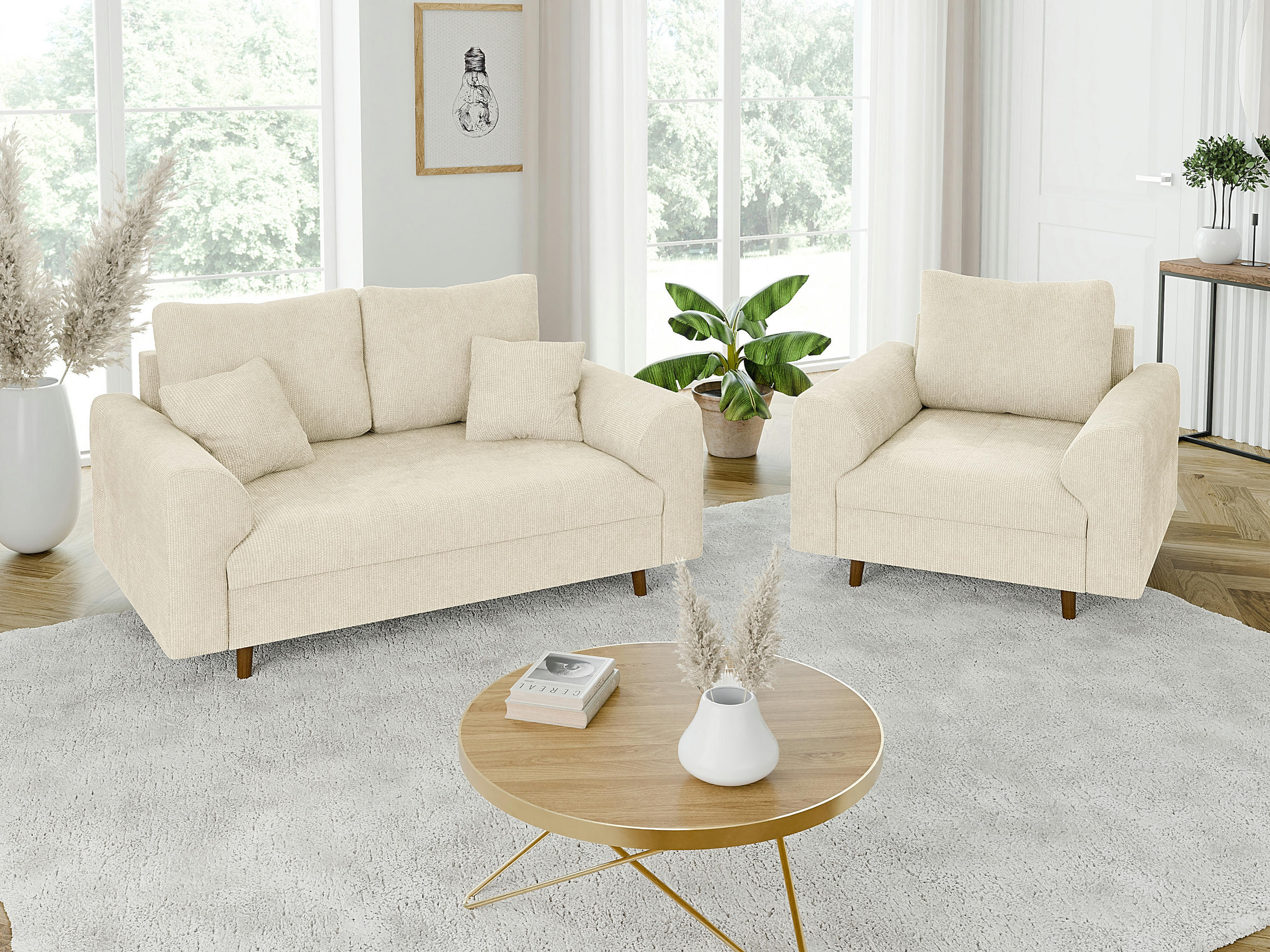 SITZGARNITUR 2+1 Sigurd Beige Chenille - Beige/Braun, Holz/Textil (150/81/93cm) - S-Style Möbel