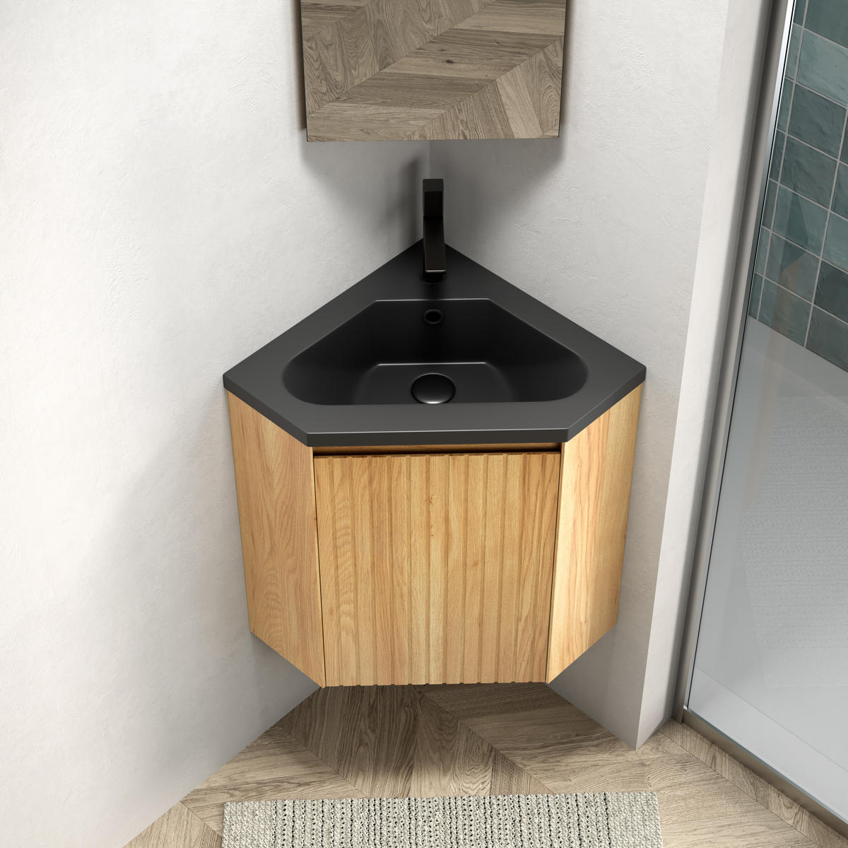 WASCHTISCHUNTERSCHRANK 54.5x38.5x52.4cm Schwarz/Naturholz mit Harzbecken - Naturfarben, Kunststoff (38.5/52.4/54.5cm) - Modfu