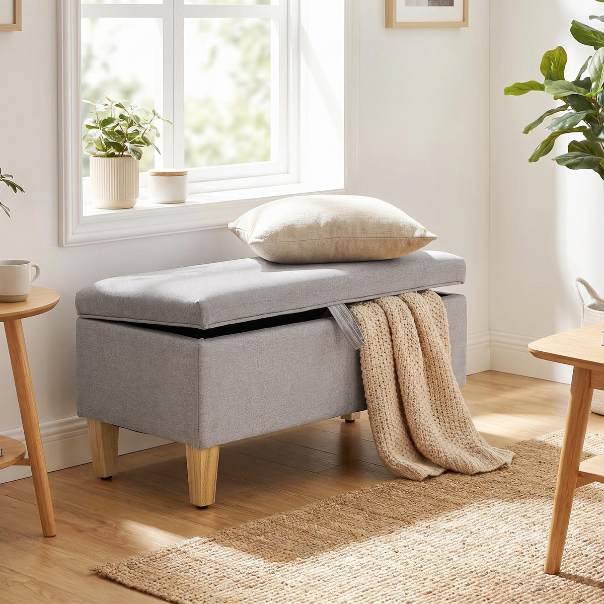 SITZBANK Polyester Schaumstoff Hellgrau - Hellgrau/Naturfarben, Holz/Textil (37/36/71cm) - HOMCOM