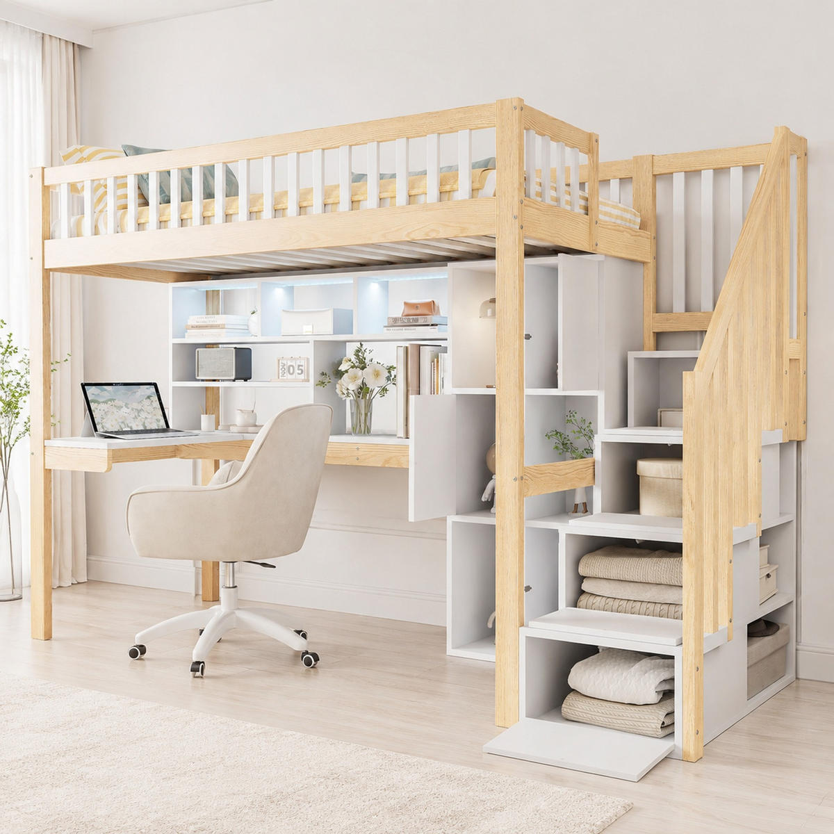 HOCHBETT 90/200 mit LED, Schreibtisch, Regalen und Ablageleiter in Weiß+Natur - Naturfarben, Holz (90/200cm) - EVRYAE