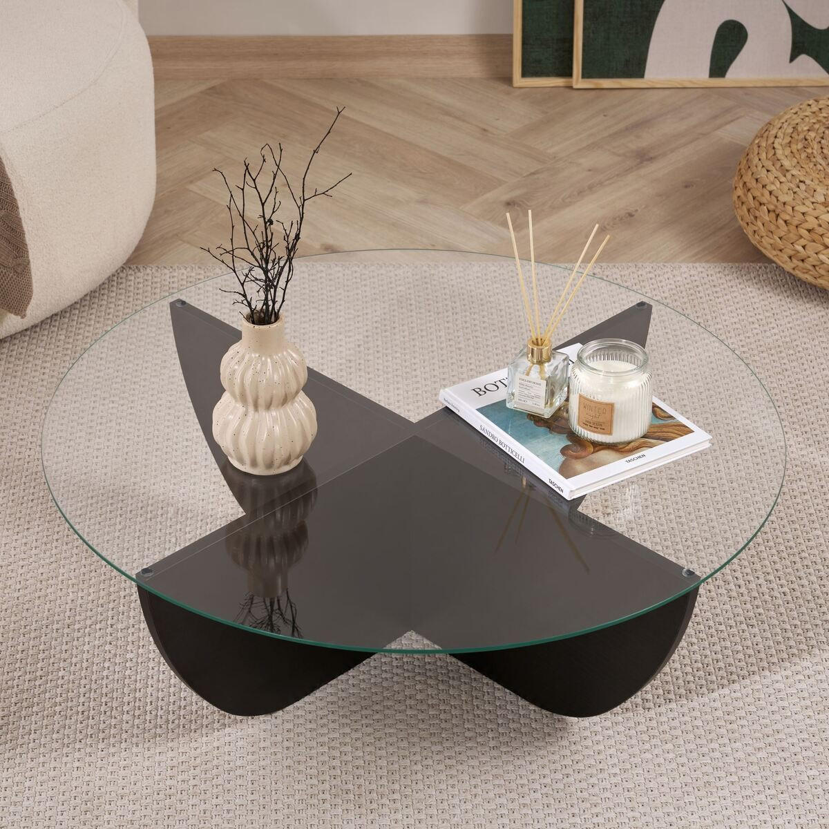 COUCHTISCH mit Glasplatte Nina 90/90/30 cm - Schwarz, Holzwerkstoff (98/90/30cm) - Calicosy