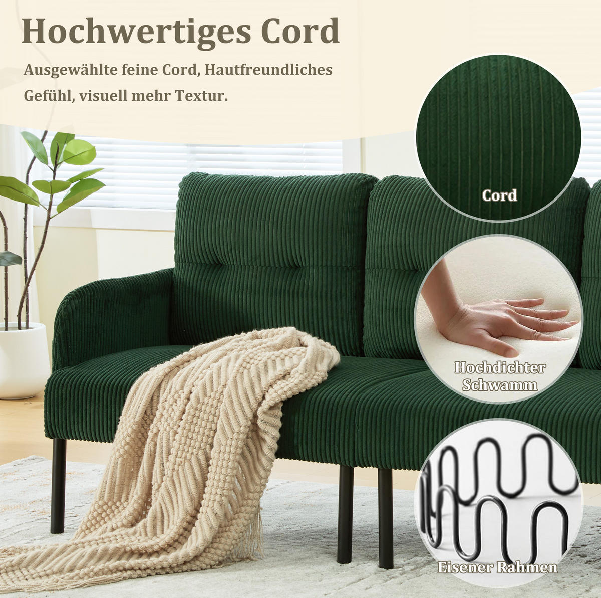SOFA Dreisitzer mit Seitentasche 171 x 72 x 80 cm Cord Emerald - Smaragdgrün, Textil (171/80/72cm) - IVMEU