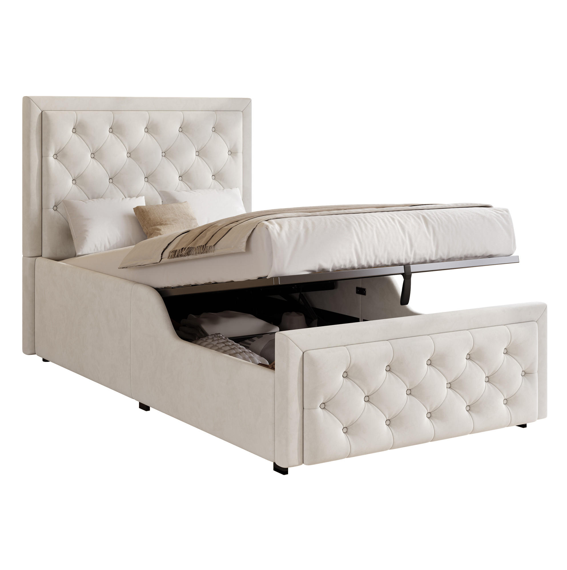 KINDERBETT 90/200 cm aus Samt in Beige – mit Stauraum und Lattenrost - Beige, Holzwerkstoff (90/200cm) - BEAOK