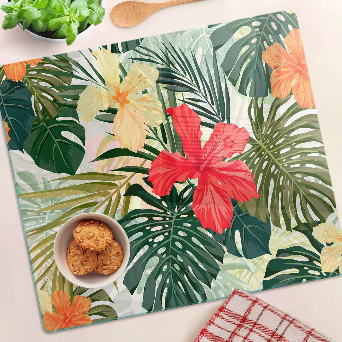 GLASPLATTE 60x52 cm Hawaiianische Blumen - Multicolor, Glas (60/0.4/52cm) - TULUP