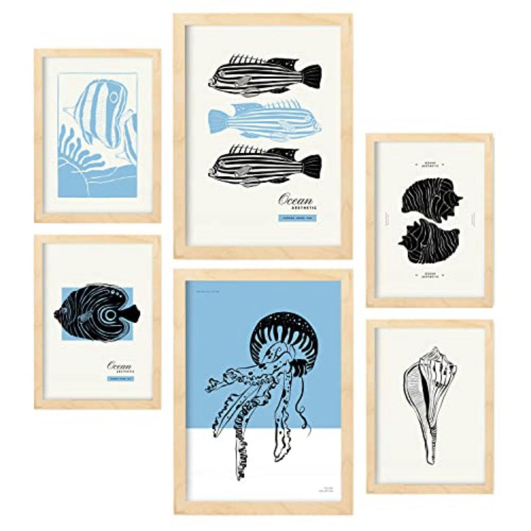 POSTER Set Mit 6 In Schwarzer Tinte Meerestiere Kunstdrucke Von Meer Und Ozean Für Innenarchitektur A3 & A4 Rahmen Aus Hellem Holz - Beige, Papier (29/3cm) - Nacnic
