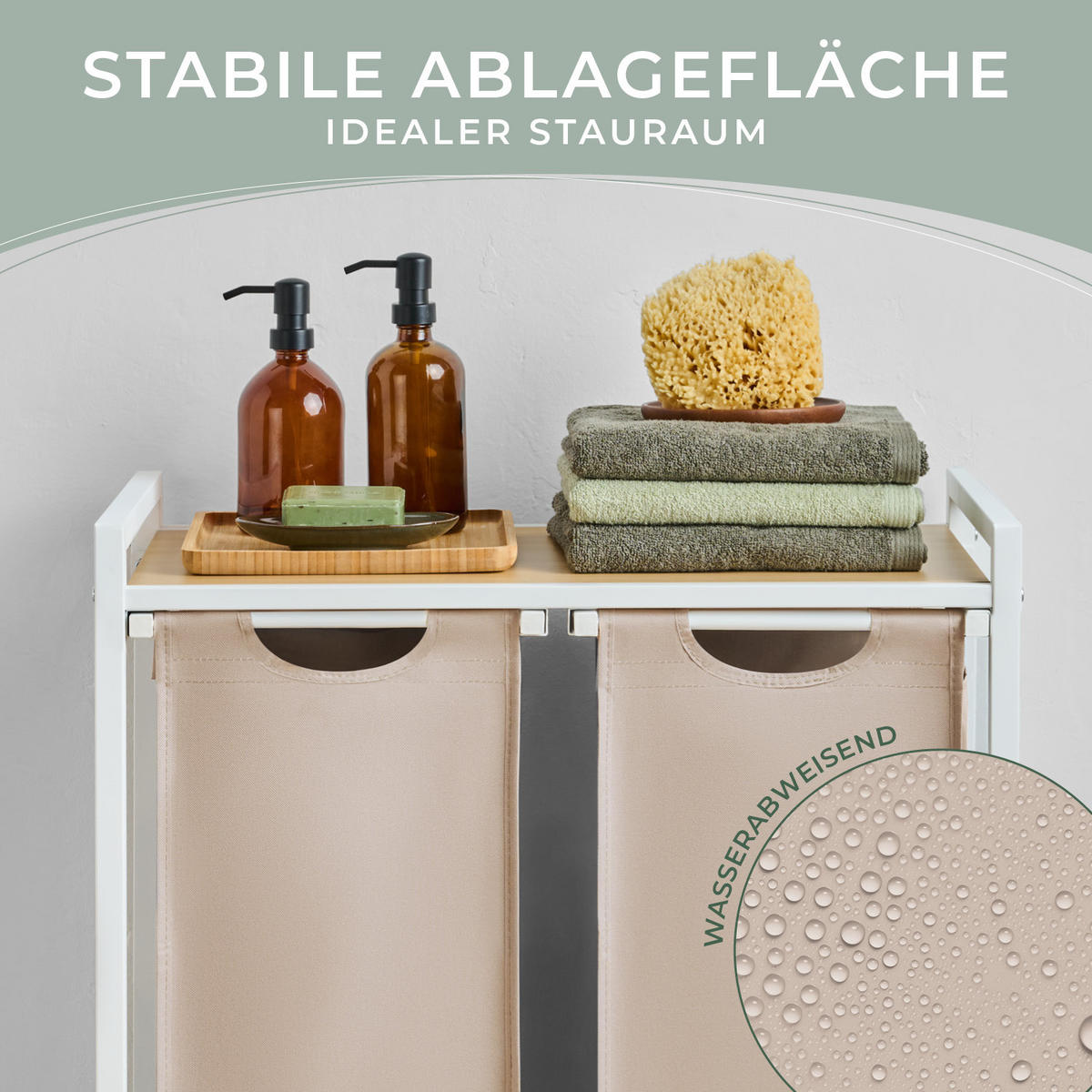 WÄSCHESAMMLER 2 Fächer Creme - Wäschekorb mit Ablage in Bambus-Optik - Wäschesortierer 2 Fächer - Creme, Textil (64.5/73/36cm) - Blumtal