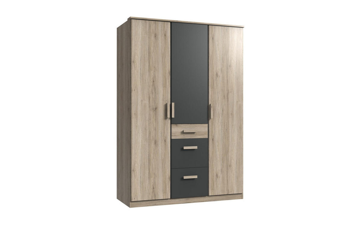 KLEIDERSCHRANK Cariba in Eiche San Remo und Graphit - Drehtürenschrank 3 türig - Braun, Holzwerkstoff (135/199cm)