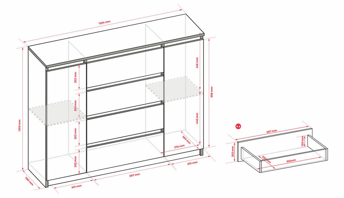 KOMMODE, Farbe: Mattweiß, 120 x 39 x 101 cm, mit 2 Türen und 4 Schubladen - Weiß, Holzwerkstoff (120/101/39cm) - 3XE LIVING