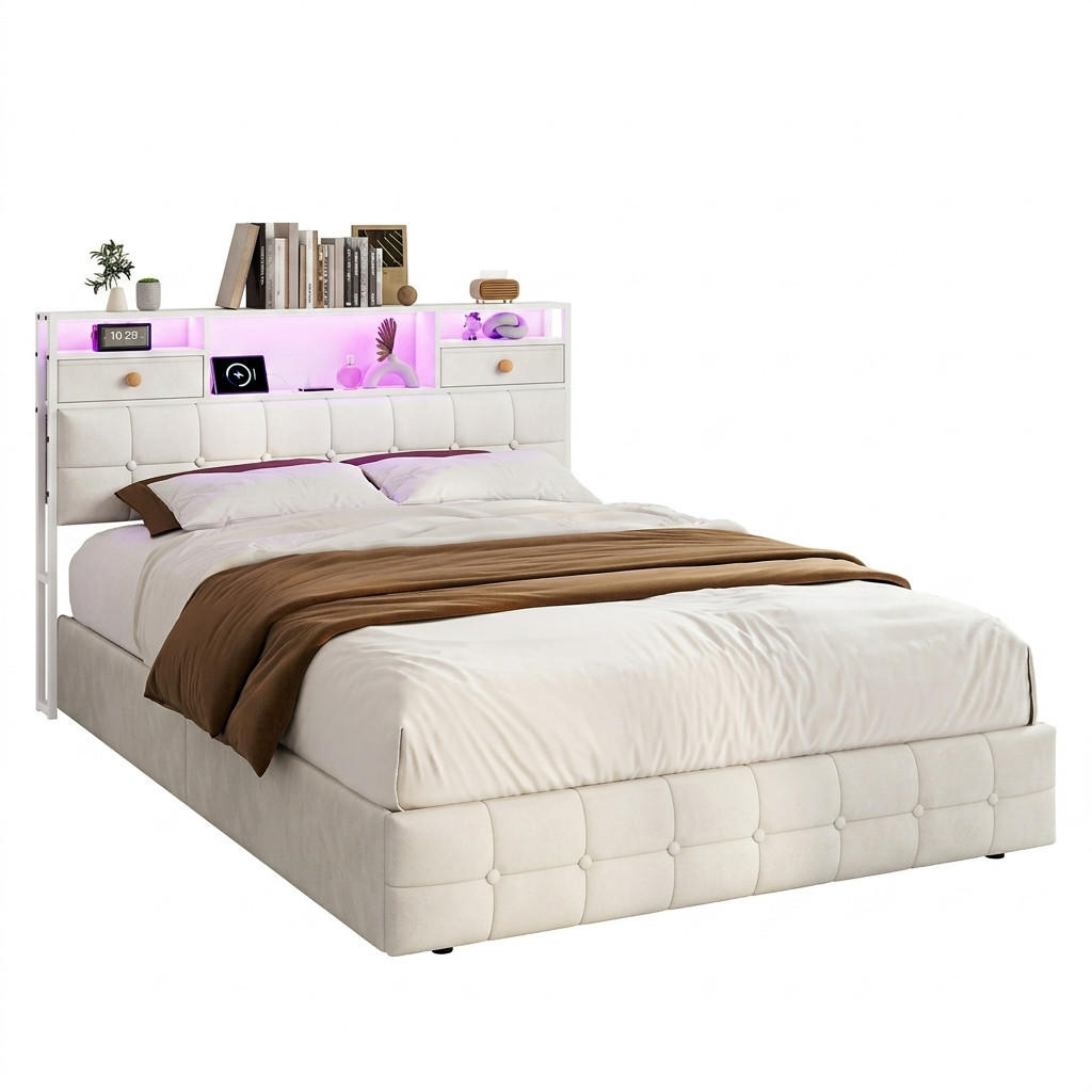 STAURAUMBETT 140/200 cm Beige, Polsterbett mit Bettkasten, LED und USB - Beige, Holz/Textil (140/200cm) - PARAFTA HOME