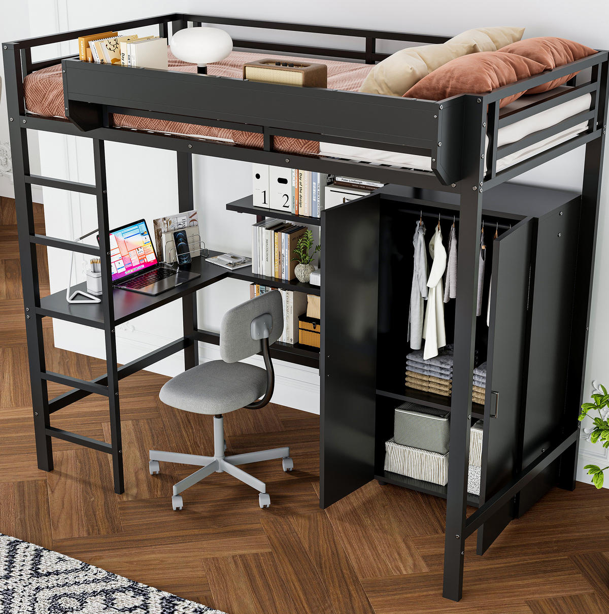 ETAGENBETT 90/200 cm in Schwarz mit Tisch, Kleiderschrank und 5-stufiger Leiter - Weiß, Metall (90/200cm) - OKMYHOME
